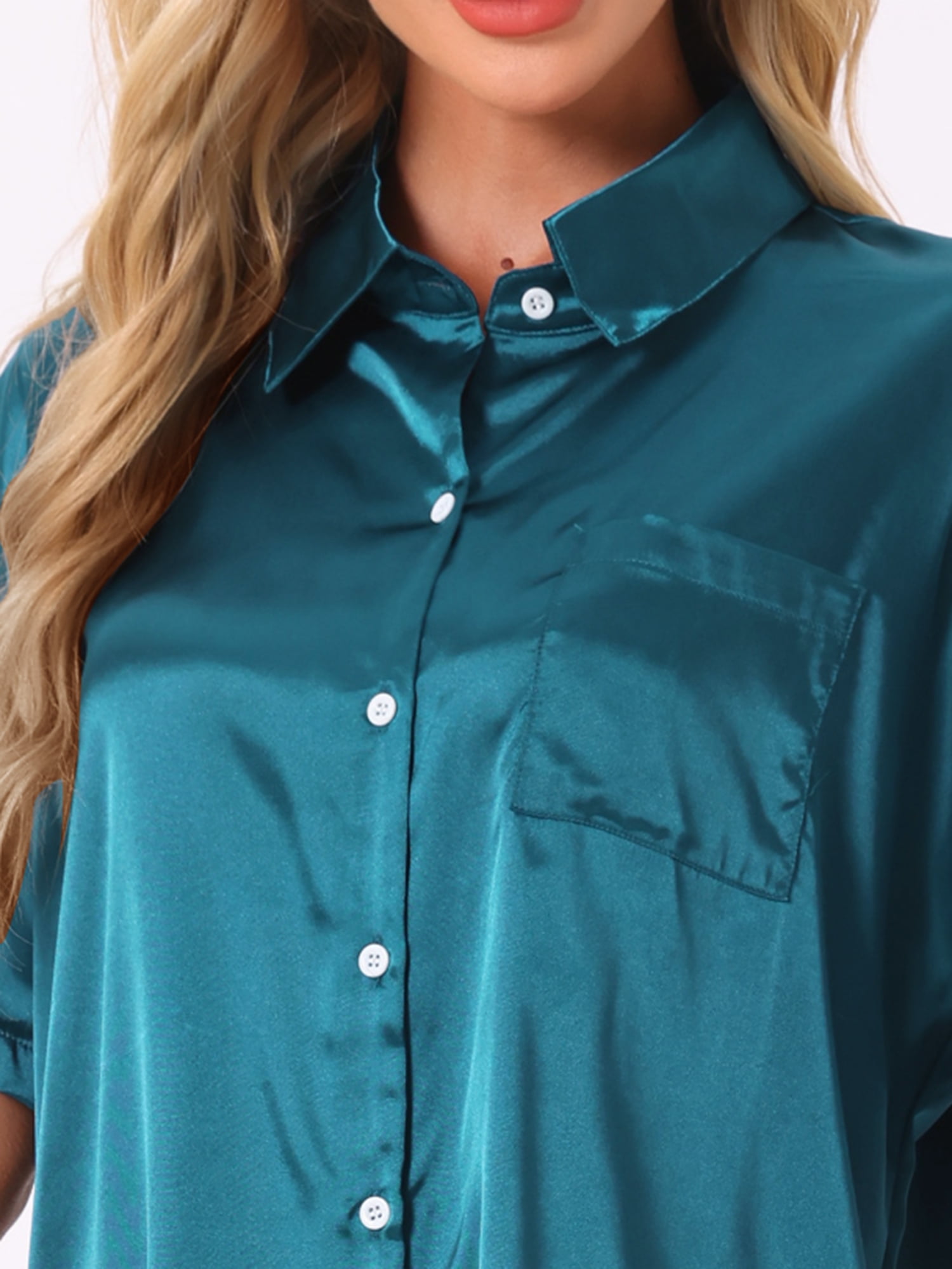 DARING DIVA Pajama Satin Oversize Casual Button Down Point Collar Set L Blue