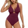 thumbnail image 2 of Maqroz One Piece Swimsuit for Women V Neck Swimsuits Front Metal Ring Detail Ruched Waist Tummy Control Bathing Suit Swimwear with Built-In Bra, 2 of 7