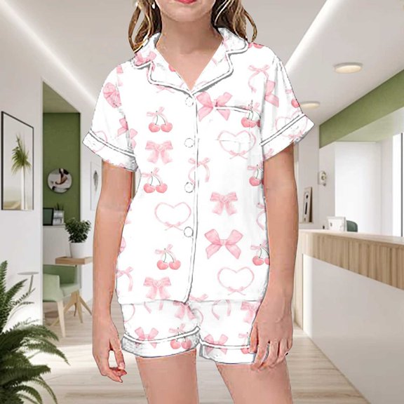BOOMNY Toddler Girls 2 Peice Pajamas Sets Bowknot Graphic Short Sleeve Buttons Sleepwear Tops Shorts Pjs Set for Kids Cozy Loungewear Homewear