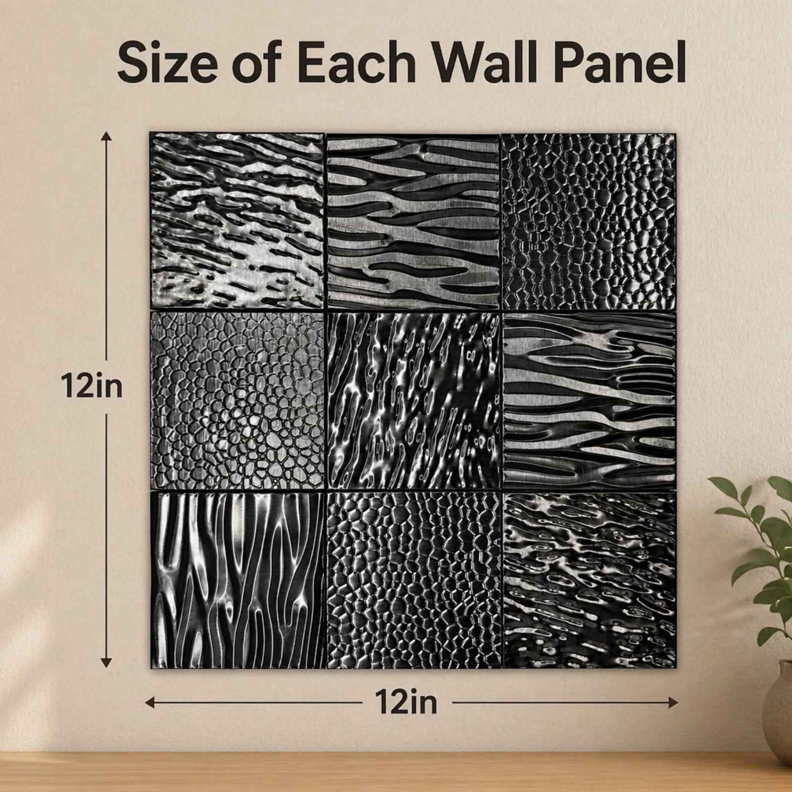 BEAUTYPEAK 5PCS 12"x 12" Textured 3D Metal Wall Panels for Interior Decor, Black