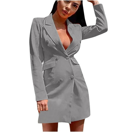 

Jialili Dresses For Women Clearance Women S Summer Fashion Solid Color Slim Fit Suit Dress Double Breasted Long Sleeve Lapel Gray M