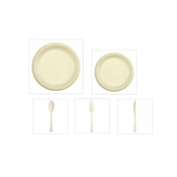 Party Source plastic ivory dinner plate 10" salad plate 7" cutlery case 100