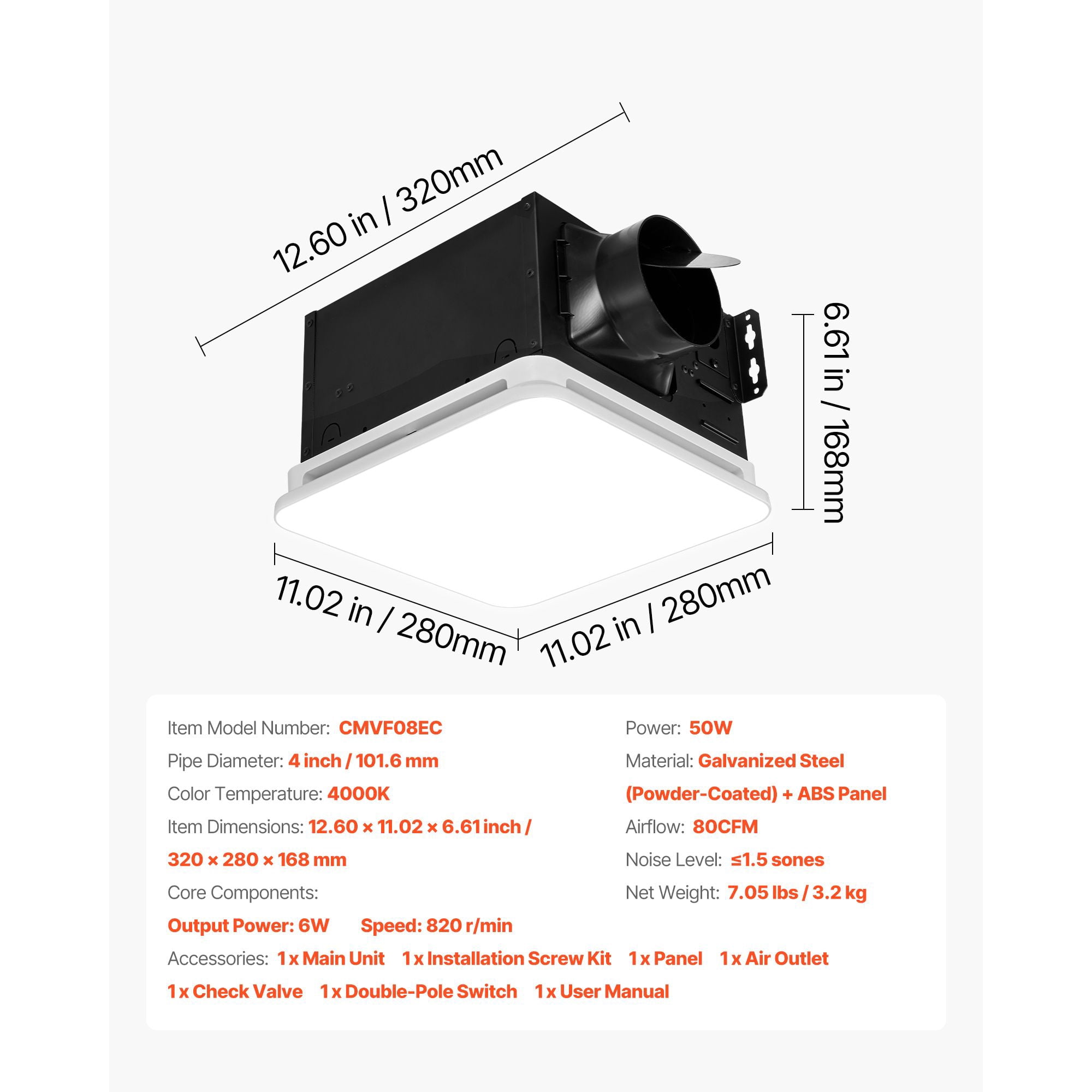 80 CFM Bathroom Exhaust Fan with 4000K LED Light, 1.5 Sones Low Noise, for Laundry Room Home Ventilation