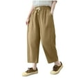thumbnail image 2 of Lovskoo Womens Drawstring Elastic Waisted Pants Solid Color Wide Leg Straight Leg Baggy Long Pants Trousers with Pockets Khaki, 2 of 5
