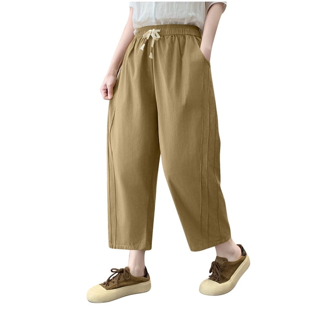 Plebaso Women's Pants Elastic Waist Drawstring Casual Pants Solid Color Pocket Ankle Pants Size XL-3XL