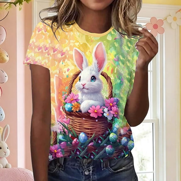 Kctiaxy Happy Easter Womens Tops Crew Neck Short Sleeve Shirts Casual Cute Graphic Loose Fitting Pullover T Shirt Summer Vacation