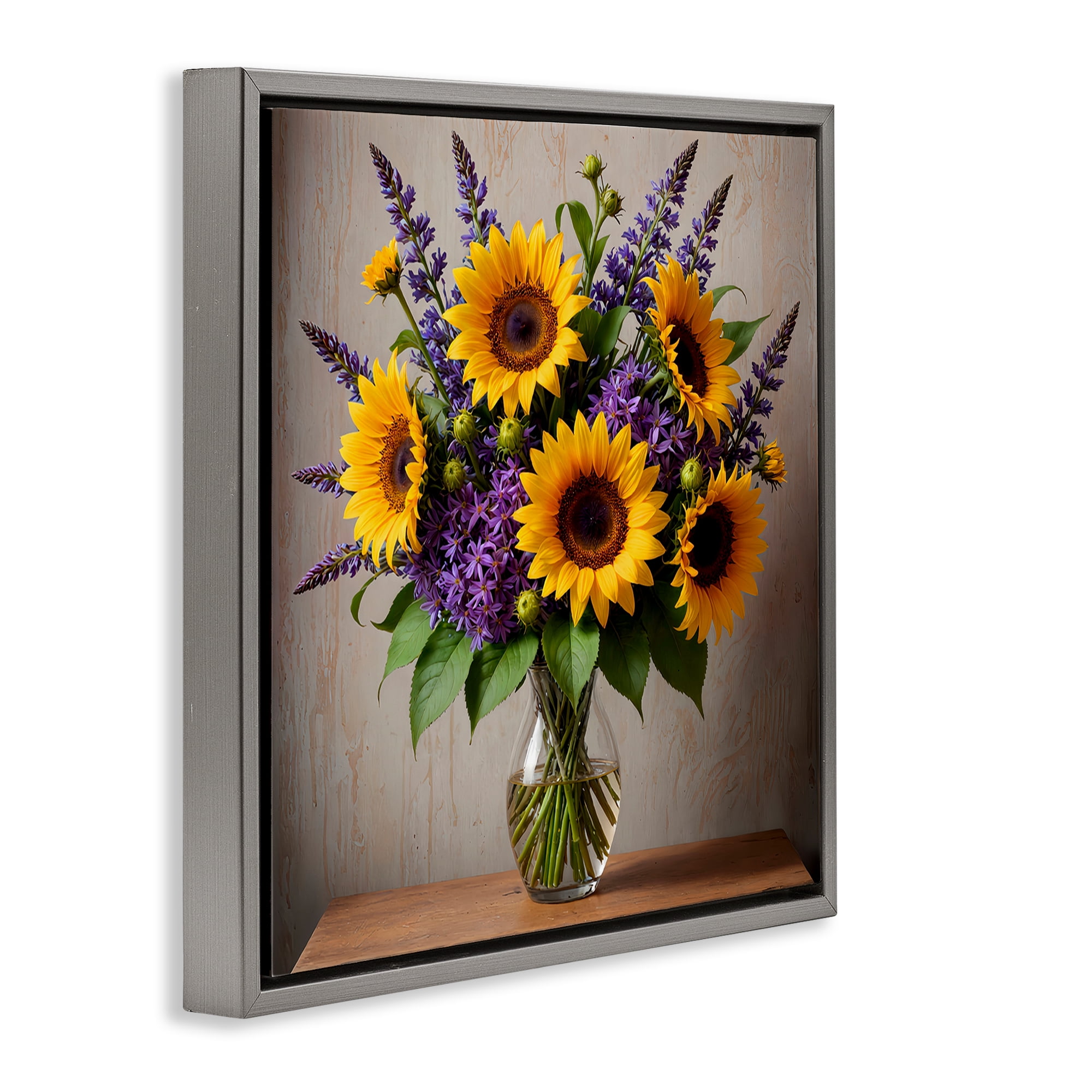Stupell Industries Sunflower & Lavender Bouquet Plants & Flowers Painting Gray Floater Framed Canvas Art Print Wall Art, 18 x 18