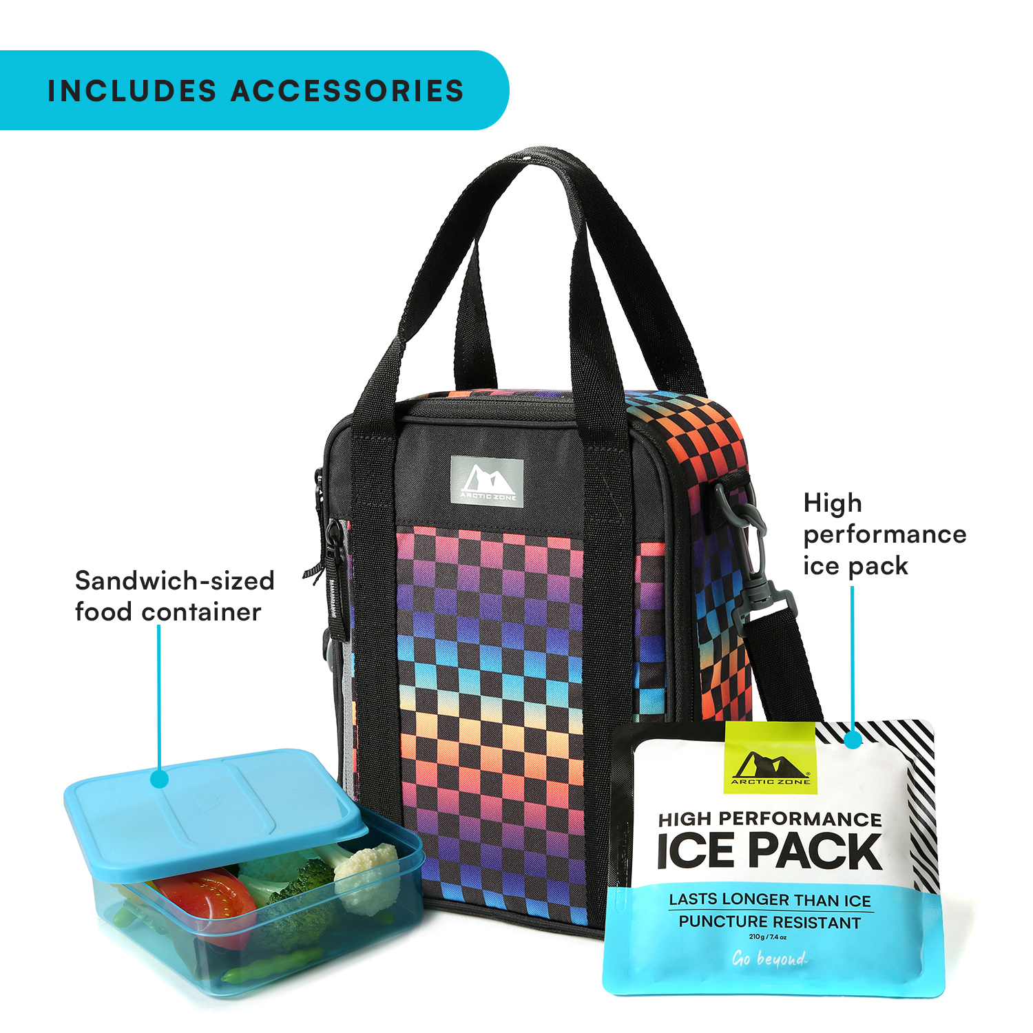 Arctic Zone Urban Lunch Box Combo with Ice Pack and Sandwich Container - Rainbow Checkered