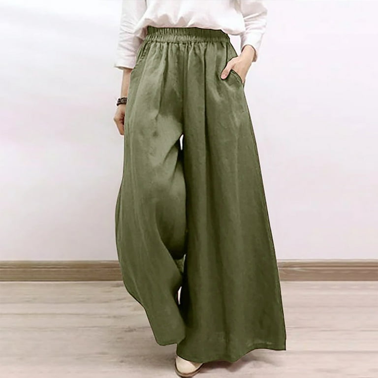 Womens Linen Palazzo Pants Dressy Casual Plus Size High Waist Wide Leg  Baggy Lounge Pants Trousers with Pockets