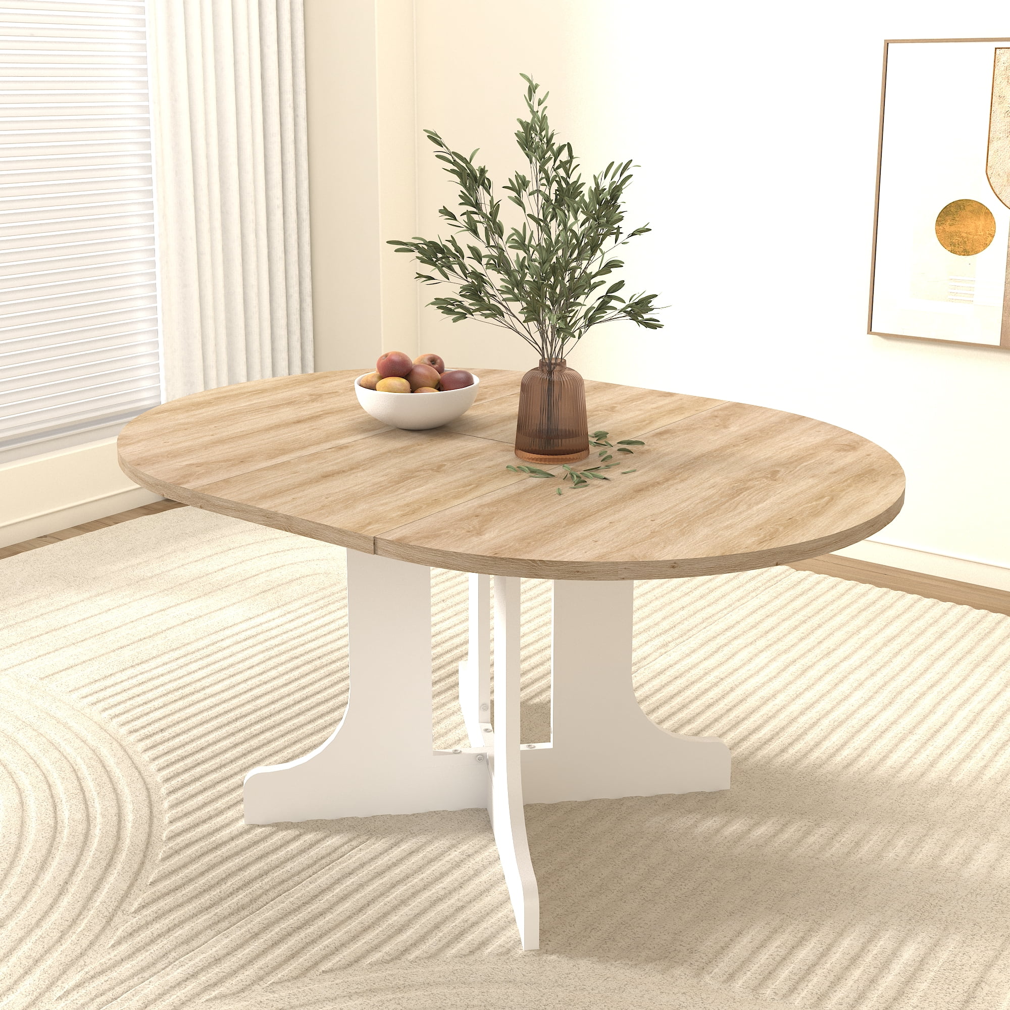 White Oak Farmhouse Dining Table with Adjustable Length, Expands from 43 to 59 Inches with Removable Leaf, Features a Sturdy X-Shaped Trestle Base and Seats Up to 6 for Family Dining