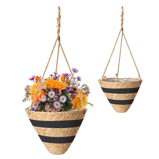 Wind Rattan Hanging Basket - Green Storage Planter for Indoor/Outdoor Plants, Wall-Mounted Decorative Gardening Basket with Rope for Home Office Decor