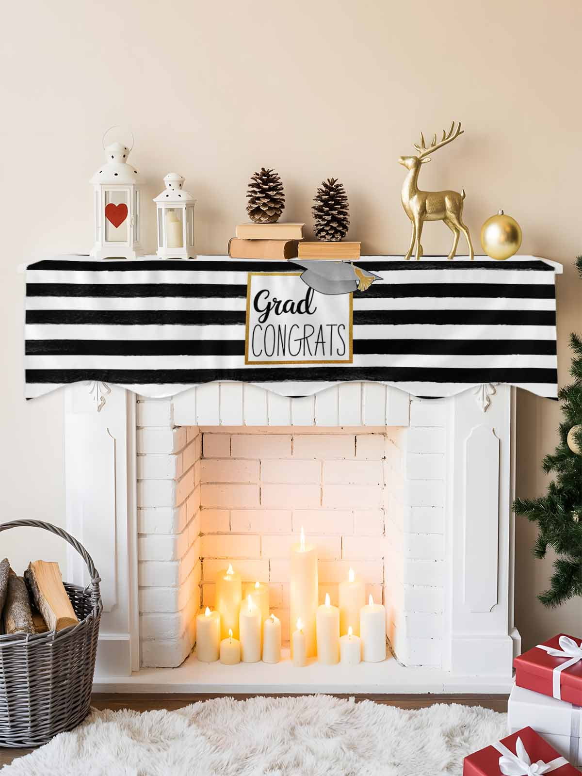 Graduation Trencher Cap Fireplace Mantel Scarf Table Runner, Farmhouse White Black Horizontal Stripes Winter Garland Mantel Top Tablerunners Dresser Scarves Cover Decor for Party Living Room 60"x17"