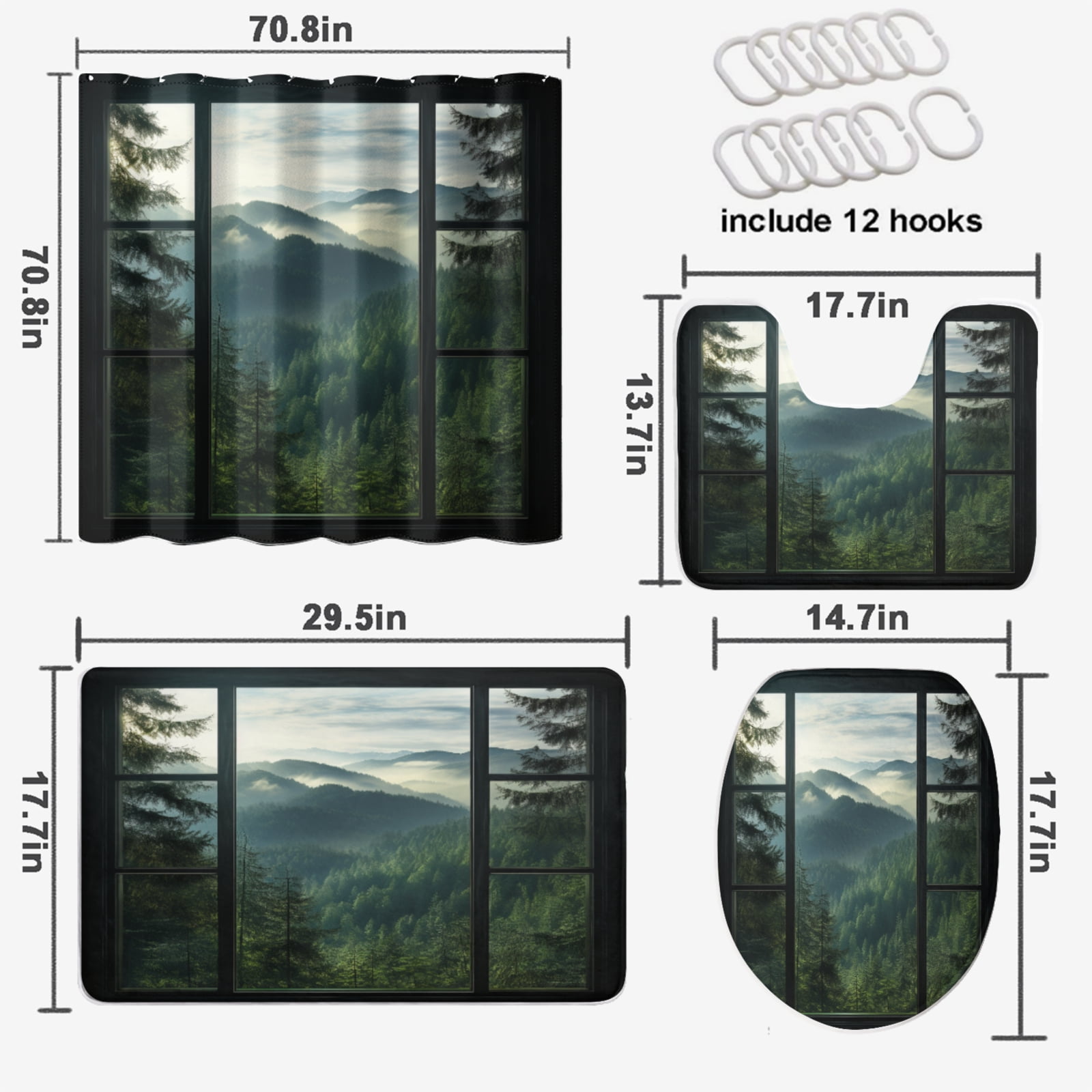Misty Forest Shower Curtain Set Rustic Wooden Window Forest Mountain Scenery with Non-Slip Rugs, Toilet Lid Cover and Bath Mat, Durable and Waterproof, for Bathroom Decor Set, 72x72 Inch