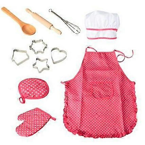 Juego de cocina y repostería para niños de 11 piezas con delantal, gorro de chef, guante de horno y otros utensilios de cocina para el juego de rol de chef infantil, color rosa