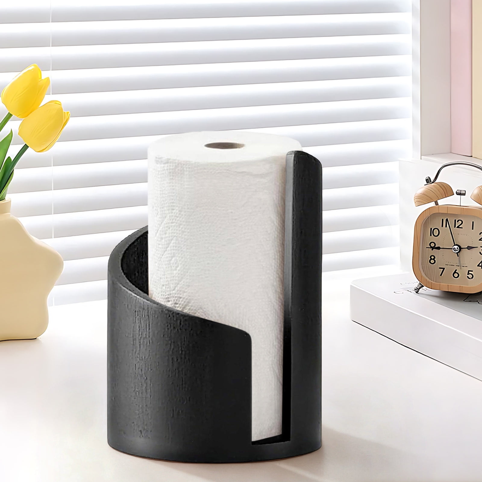 Wood Paper Towel Holder - 8.3x11.5in Free-Standing Vintage Countertop Roll Holder, with Wood Base - Great for Kitchen, Bathroom Use - Black