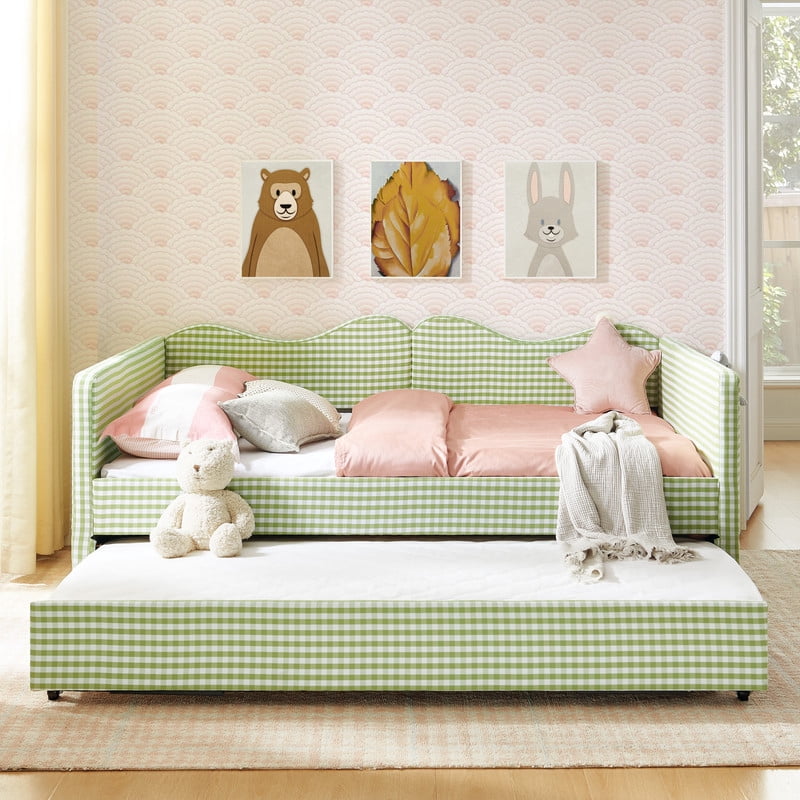 Full Size Gingham Daybed with Trundle, Upholstered Day Bed Frame with Side Storage Pocket & Wave-Shaped Backrest, Modern Sofa Bed for Living Room, Bedroom, No Box Spring Needed