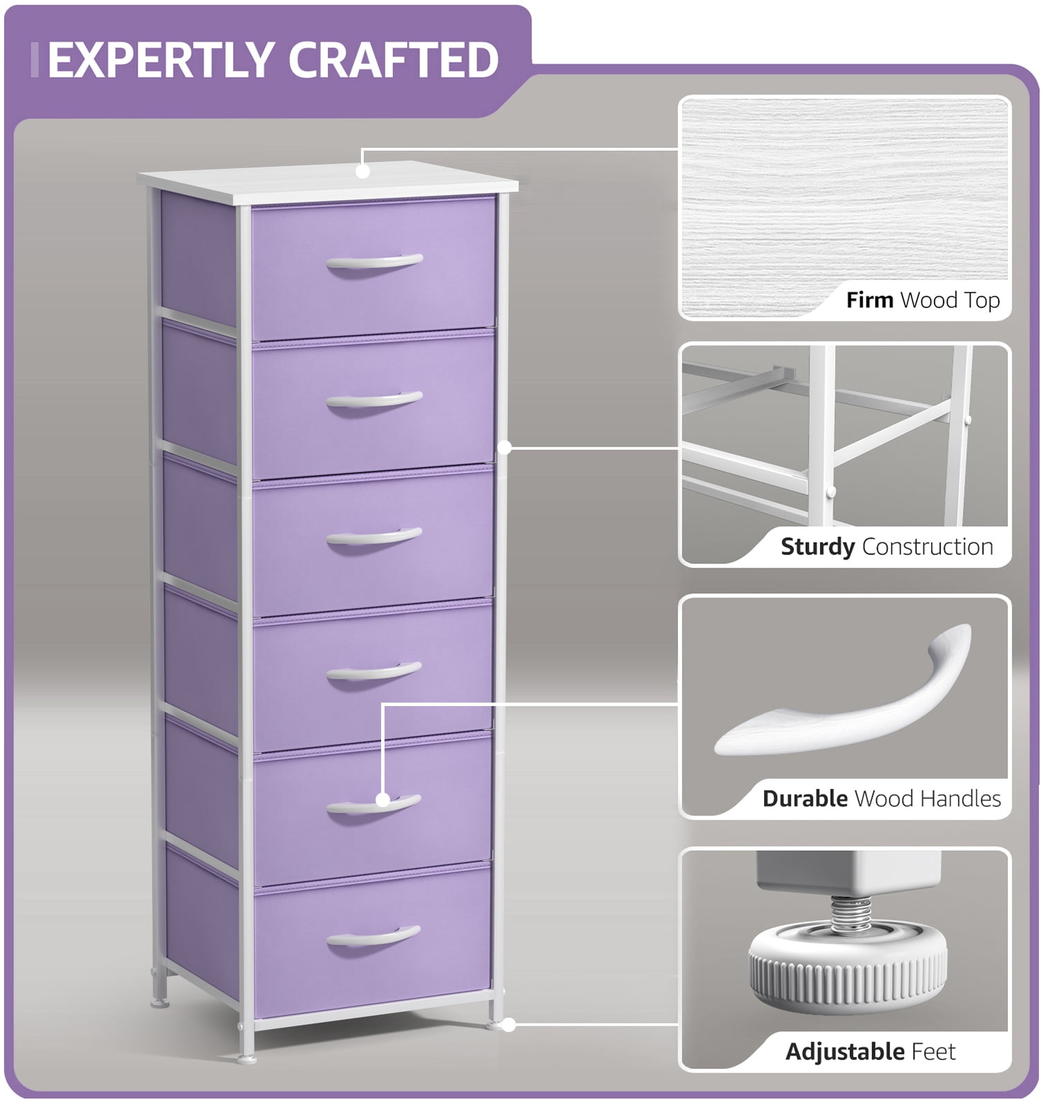 Sorbus 6-Drawer Fabric Dresser, Kids Bedroom Storage Tower, Purple