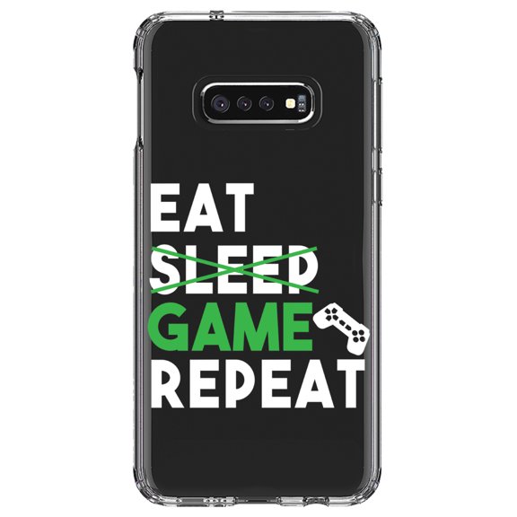 DistinctInk Clear Shockproof Hybrid Case for Samsung Galaxy S10e (5.8" Screen) - TPU Bumper Acrylic Back Tempered Glass Screen Protector - Eat Game Repeat - Video Games Gamer