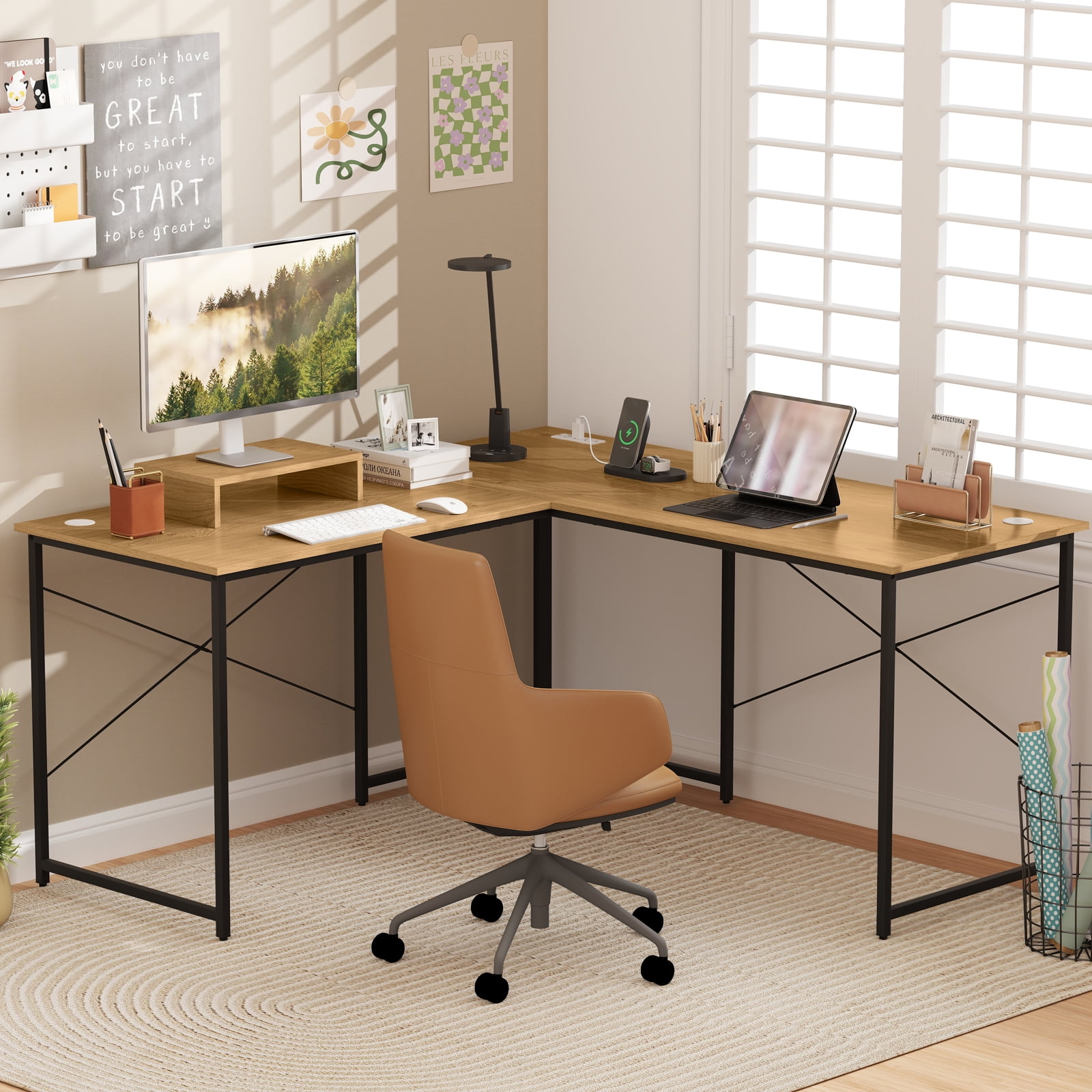 Giantex 95 Inch Reversible Corner Desk, L-Shaped Computer Desk w/Monitor Stand & 3 Cable Holes, 2-Person Long Study Writing Desk for ome Office, Natural