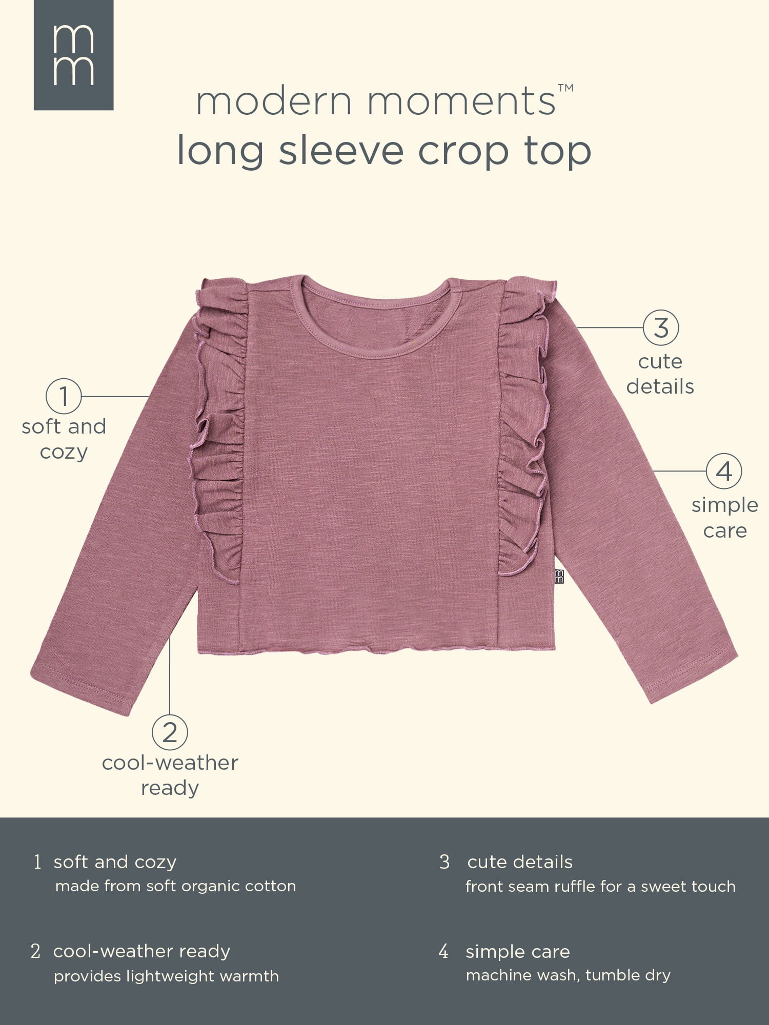 Modern Moments by Gerber Toddler Girl Long Sleeve Ruffle Crop Top, Sizes 12 Months - 5T