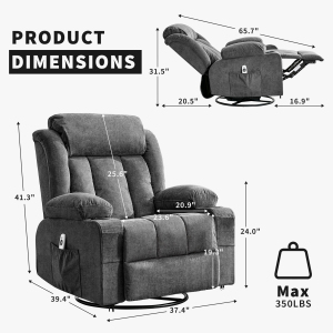 TEQIN Massage Swivel Recliner Chair,Oversized Rocker Recliner with Massage and Lumbar Heat Ergonomic Rocker Chair,Recliner Chairs w/Remote Control, Side Pocket, 2 Cup Holders, USB Charge Port