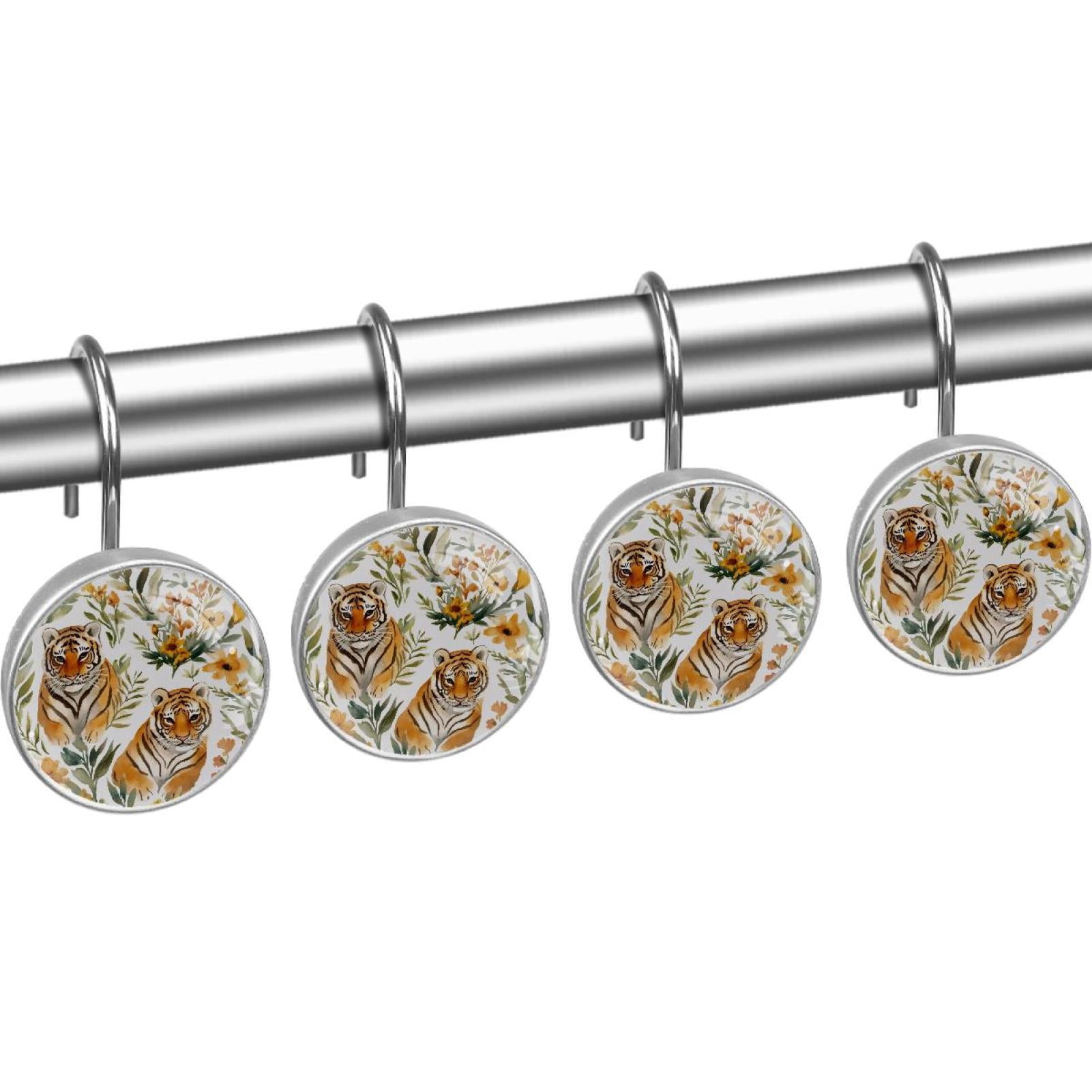 Tigers Animal Yellow Flowers Shower Curtain Hooks Round Crystal Glass, Set of 12 Shower Curtain Rings - Shower Hooks for Curtain Shower Rings