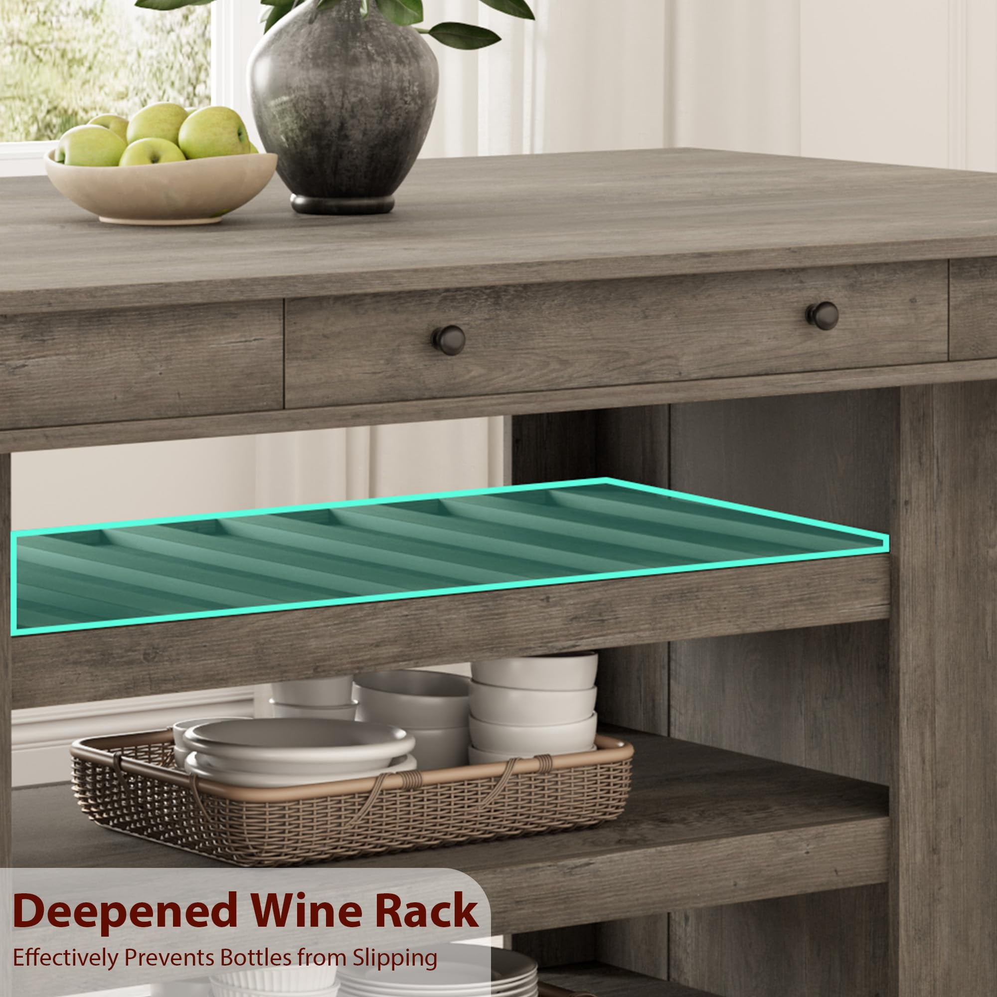 60" Counter Height Dining Table for 4, 36 in W Wood Bar Height Dining Room Table with 2 Drawer & Shelves, Deepened Wine Rack, Thick & Large Table Top for Kitchen, Bar, Rustic Gray