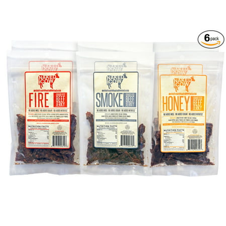 Naked Cow All Natural Grass Fed Beef Jerky - SAMPLER includes TWO (2) bags of HONEY, FIRE and SMOKE (6 Pack) Sampler Pack 13.5 oz (6 bags @ 2.25 oz (Best Cows For Grass Fed Beef)