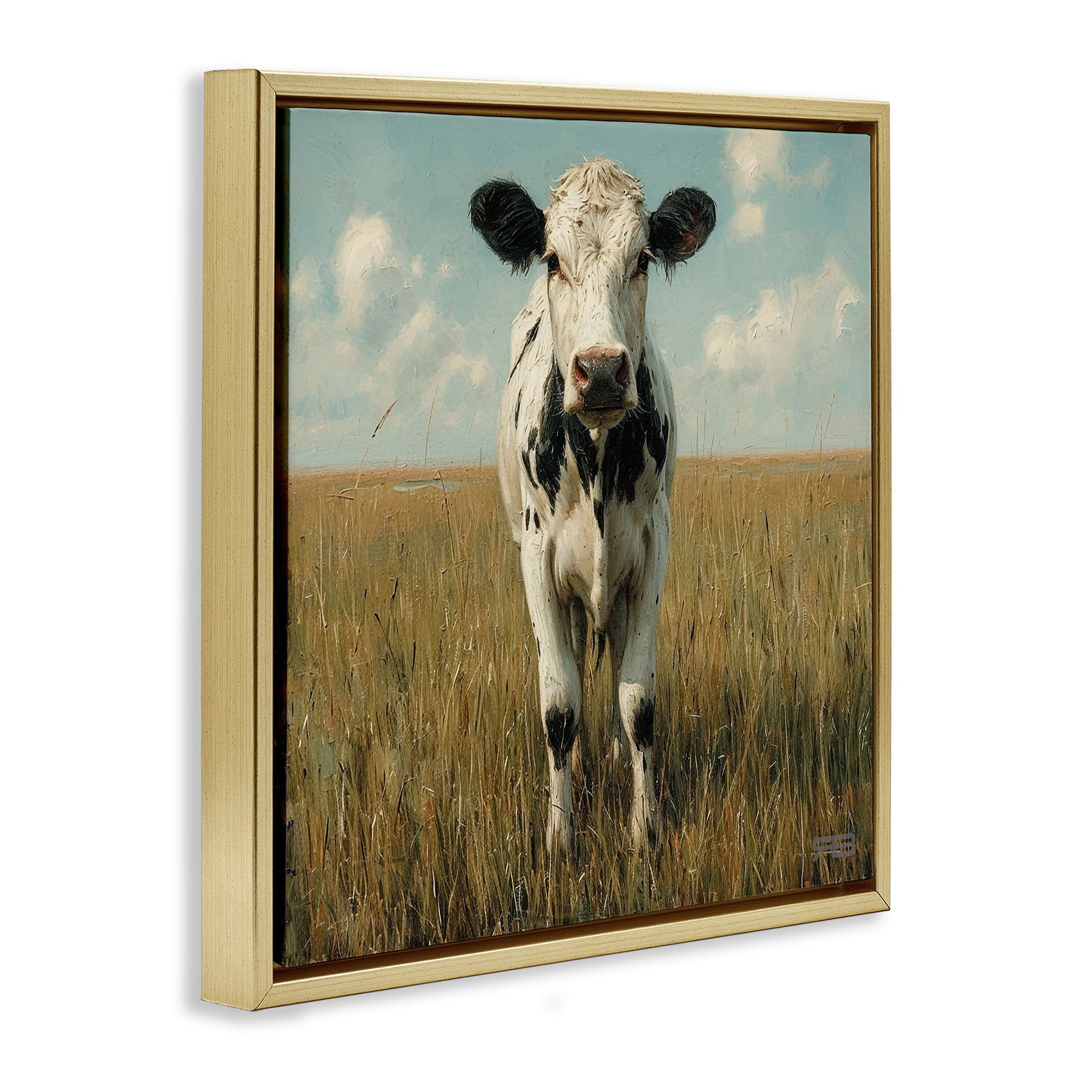 Stupell Industries Cow in Verdant Field Animals & Insects Painting Gold Floater Framed Canvas Art Print Wall Art, 25 x 25