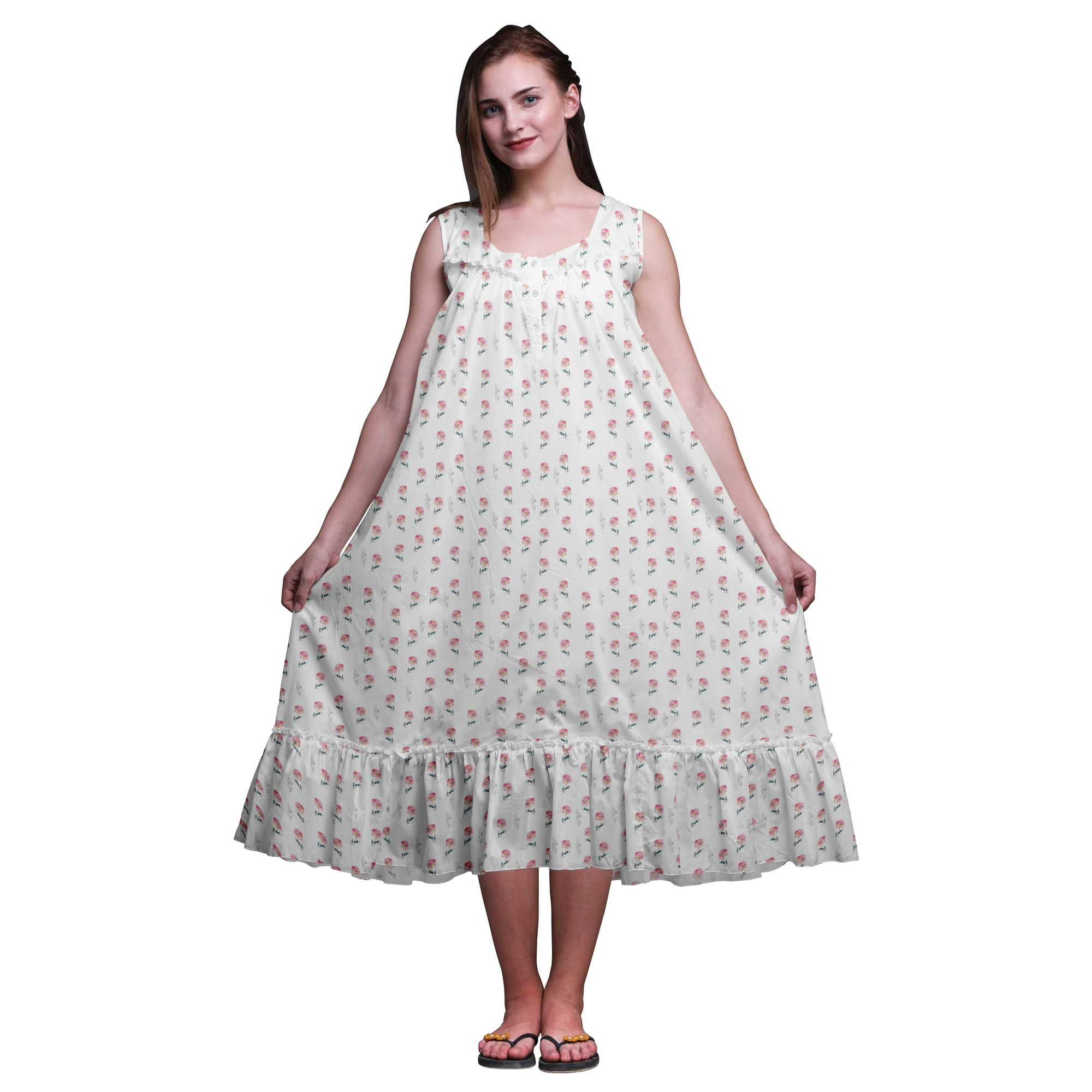 Bimba White2 Floral Leaf Printed Cotton Nightgowns For Women Sleeveless Gown Sleepwear Maxi Dress X-Small