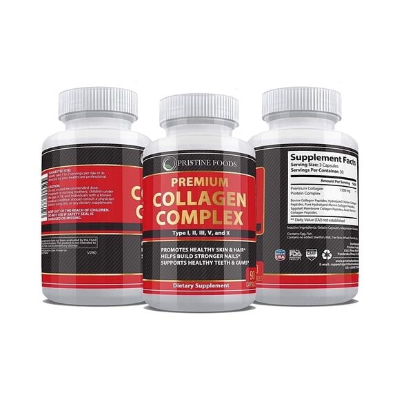 3 Pack Pristine Premium Multi Collagen Supplement 1000mg - Support Healthy Hair Skin Bone & Joints Hydrolyzed Collagen Protein Complex (Types I II III V & X) - 90 Capsules