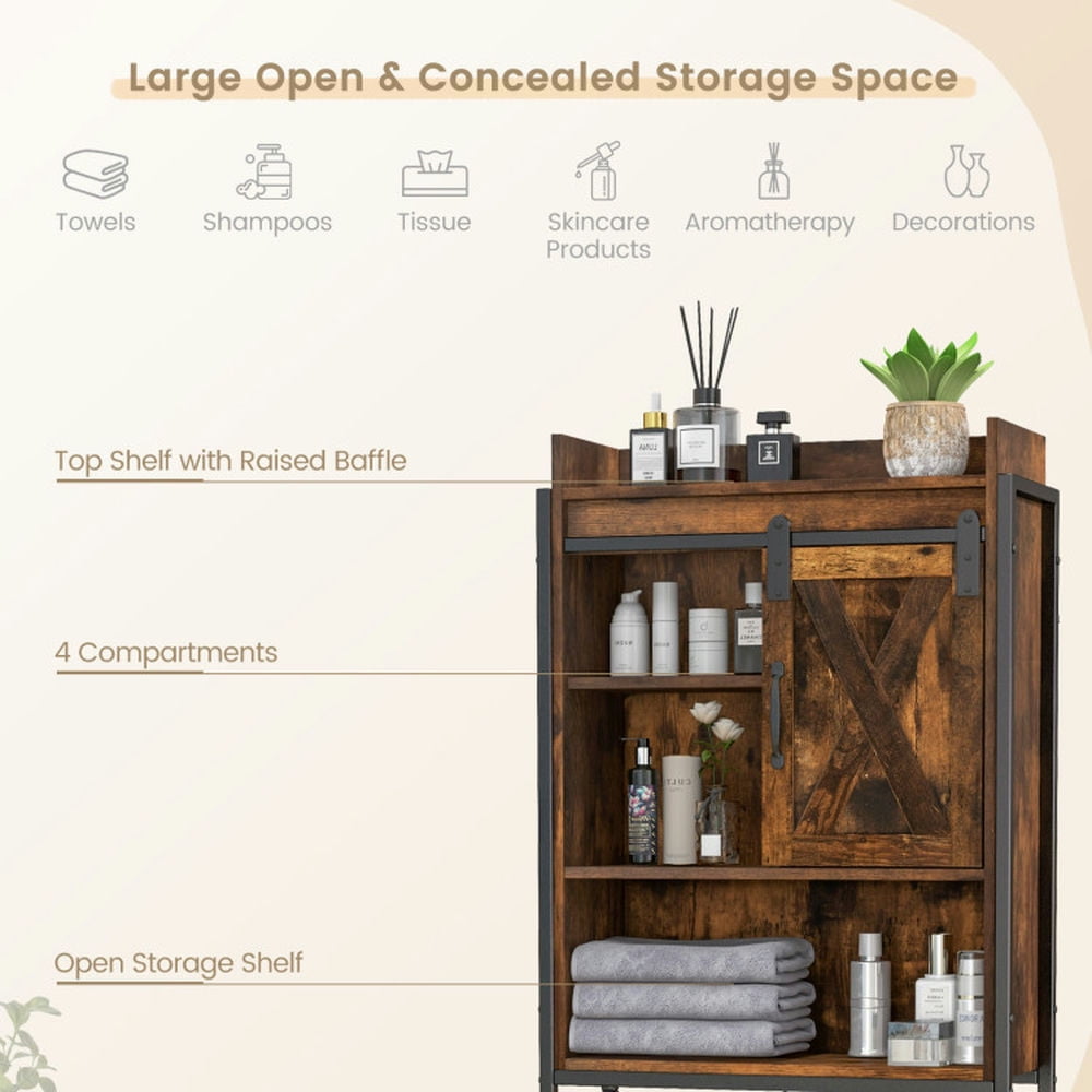 Finihen Toilet Storage Cabinet, Bathroom Cabinet Organizer, 4-Tier Multifunctional Toilet Sorage Cabinet with Adjustable Shelf and Sliding Barn Door, for Bathroom, Rustic Brown