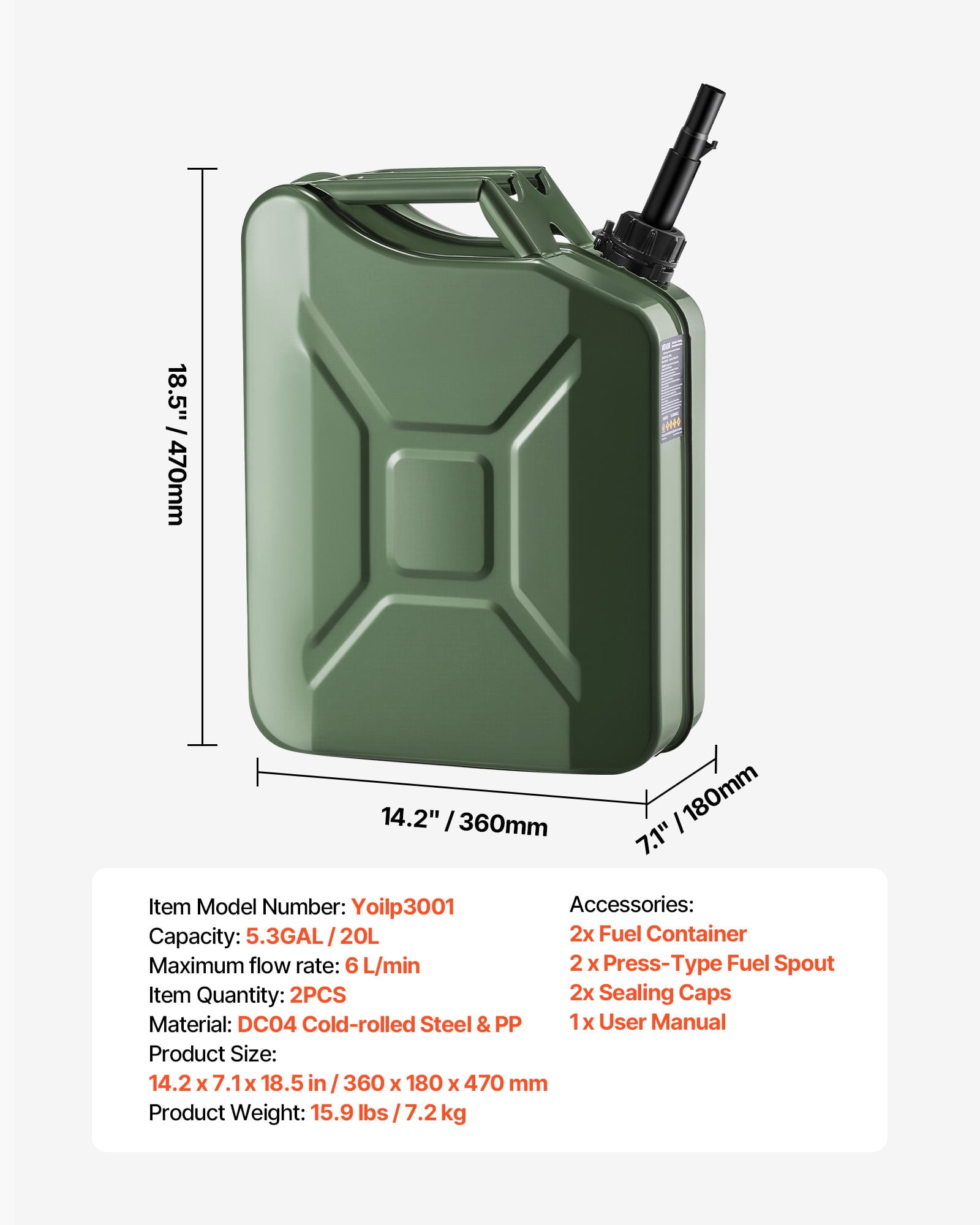 BENTISM, 5.3 Gallon / 20 L Portable Jerry Gas Can Flexible Spout System 2pcs Green