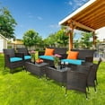 thumbnail image 1 of Gymax 8PCS Patio Rattan Conversation Furniture Set Outdoor w/ Turquoise Cushion, 1 of 10