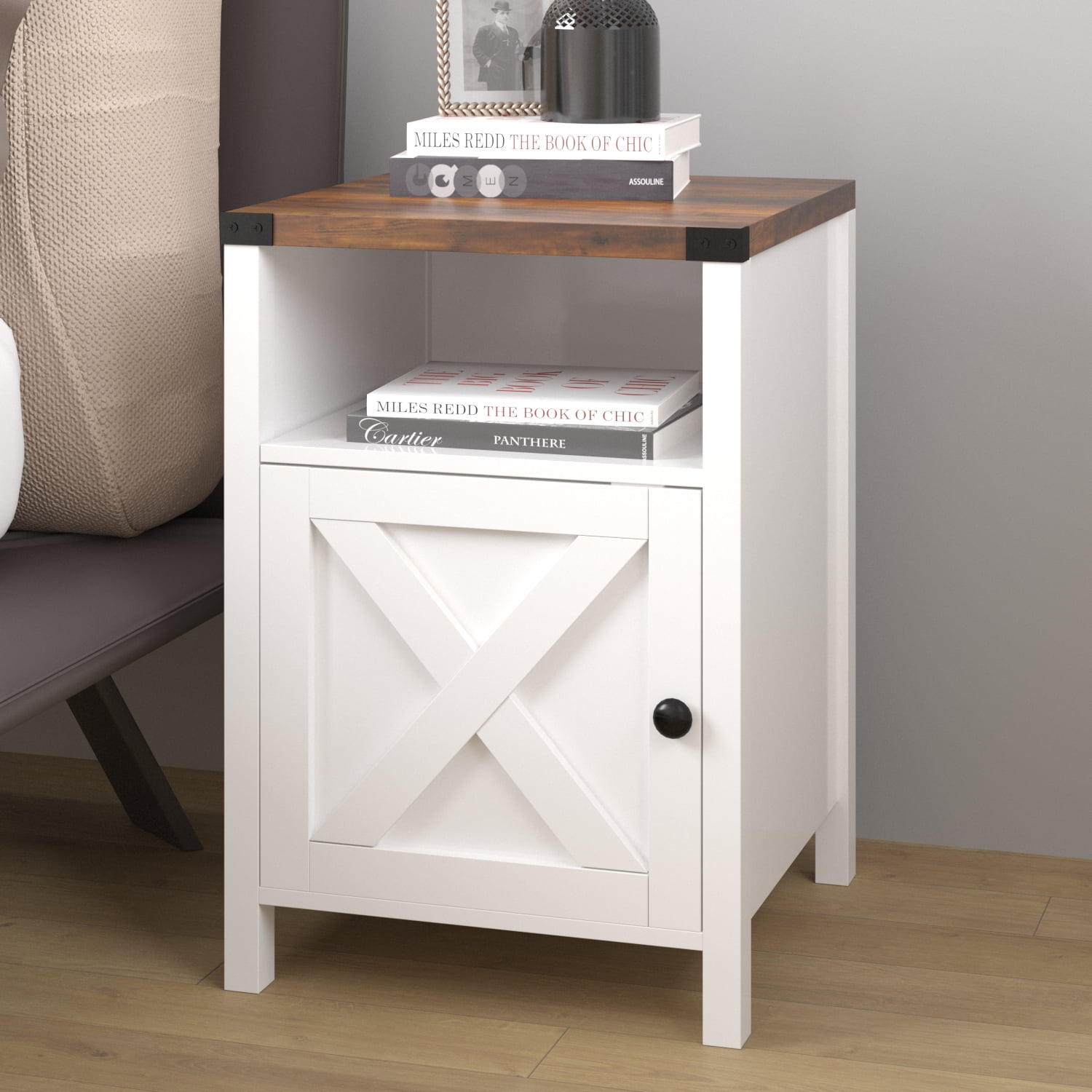Catrimown Farmhouse End Table for Living Room Set of 2, Side Table Nightstand for Living Room Bedroom, White