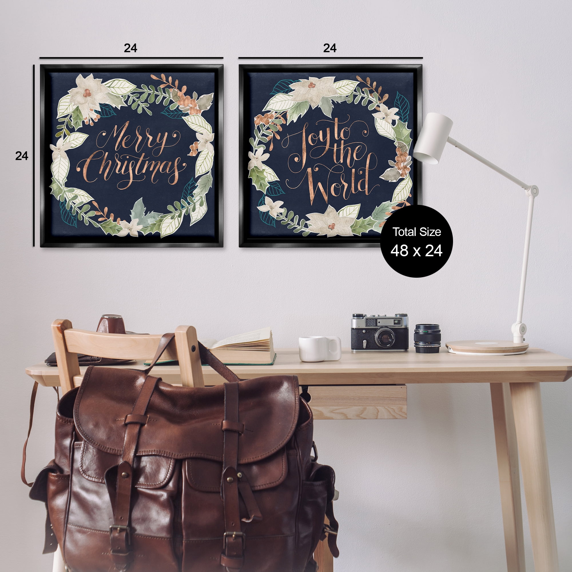 Stupell Industries Merry Christmas Joy Wreath Holiday Painting Black Floater Framed Canvas Art Prints Wall Art, 25 x 25, Set of 2