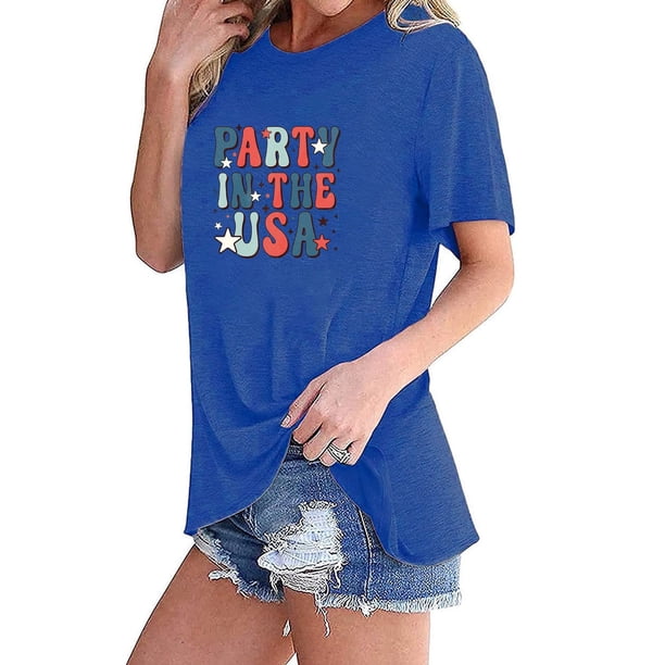 Fiudx Ofertas Del Día Camiseta de Manga Corta con Cuello Redondo y Estampado de Bandera de Moda para Mujer