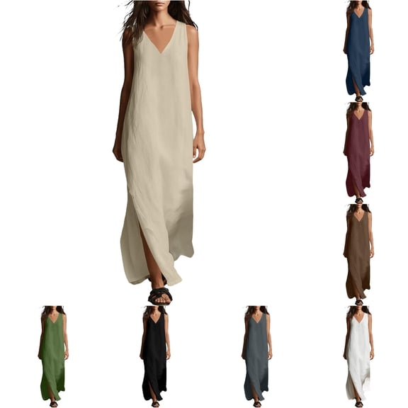 Wxolcjlv Womens Sleeveless Maxi Dress V Neck Side Split Loose Casual Beach Vacation Long Sundress