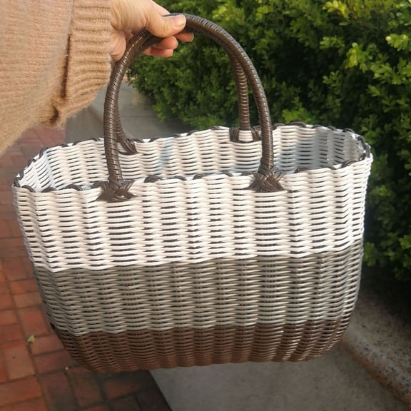 Uonlytech Woven Plastic Basket with Handle for Bathroom Kitchen and Living Room Storage