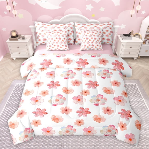 Homewish Pink Cherry Blossoms Twin Bedding Sets 7-Piece for Kids, Fashion Watercolor Bedding Comforter Set, Flower Floral Reversible Sheet Sets, Ultra Soft Bedroom Decor