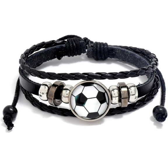 Punk Rock Football Bead Braided Pu Leather Adjustable Rope Cuff Bracelet