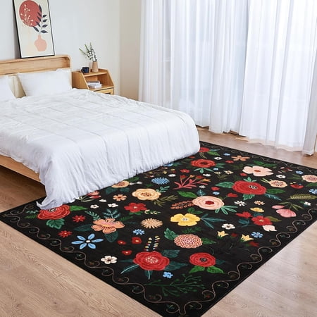 10x13 ft Vintage Floral Area Rug - Machine Washable, Non-Slip Backing, Black