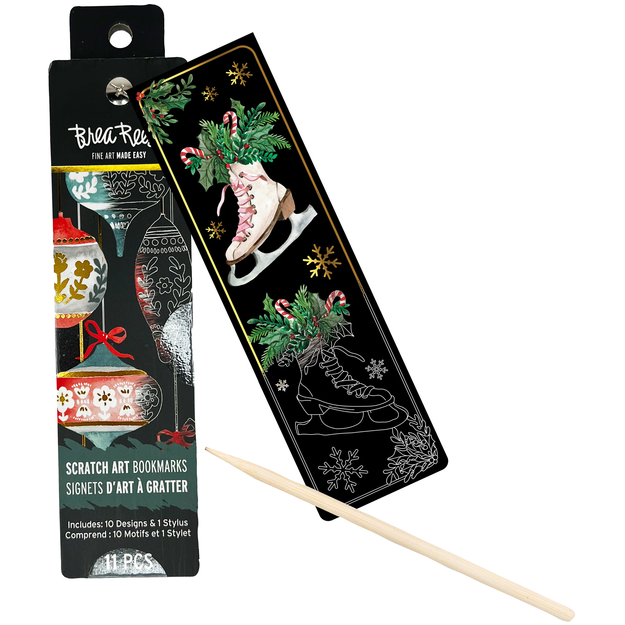 Brea Reese: Scratch Art Bookmark Kit - Ornaments - 10 Holiday-Themed Bookmarks, Wooden Stylus, Metallic Accents, Guided Art, DIY Christmas Adult Craft