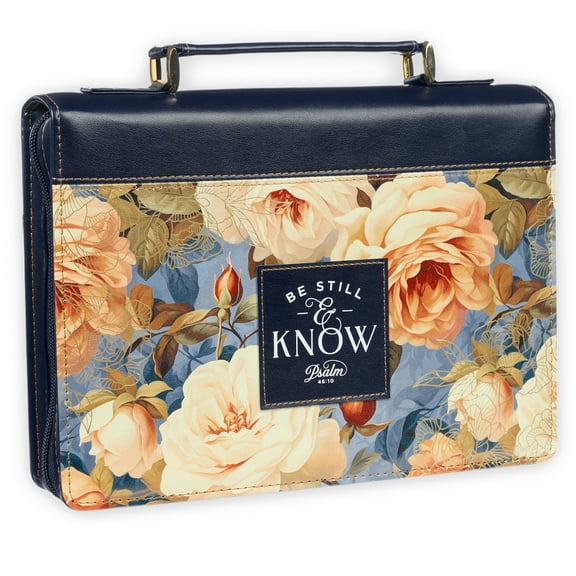 Christian Art Gifts Fashion Vegan Leather Bible Cover for Women: Be Still Scripture, Blue, Large