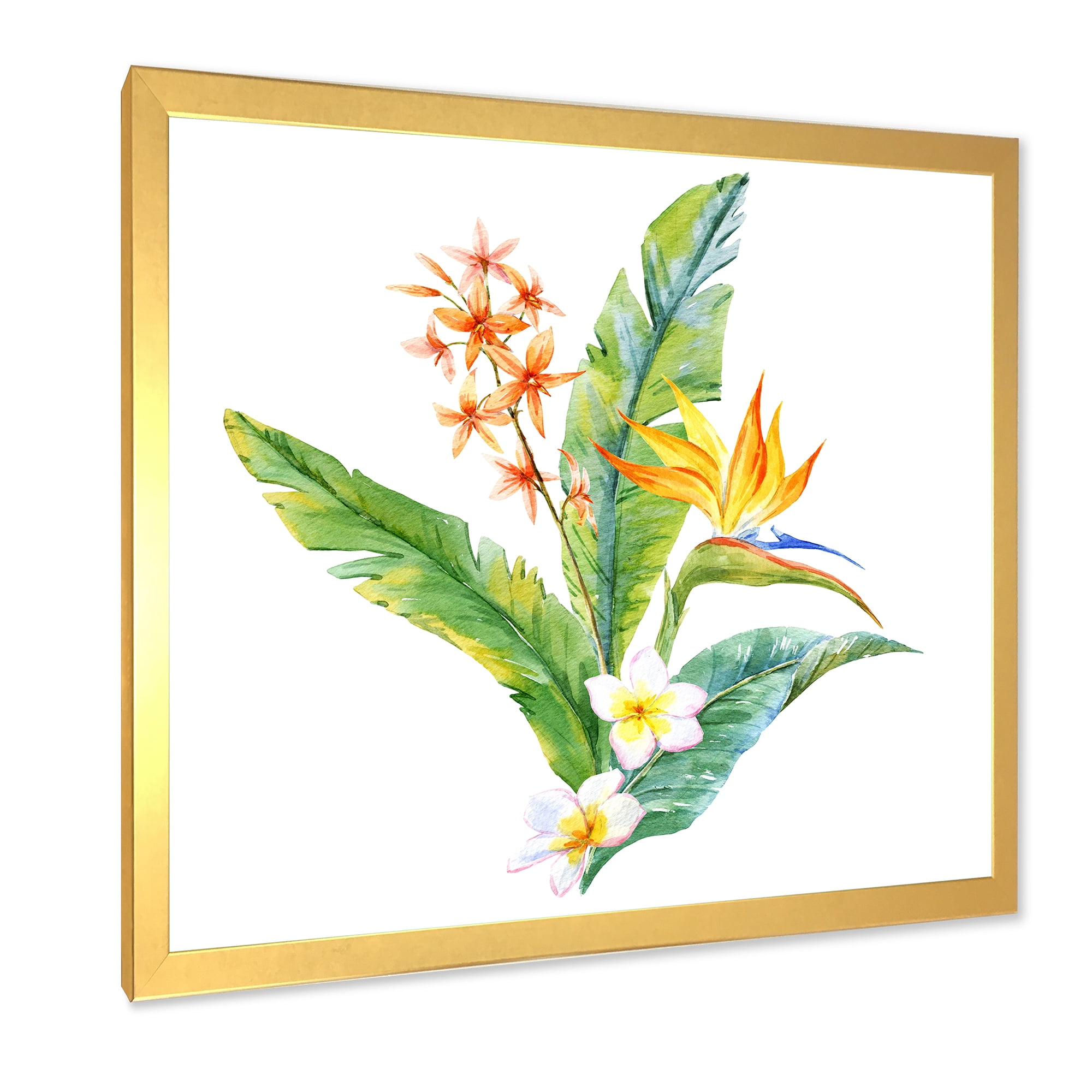 Designart 'Green Leaves With Tropical Yellow Flowers I' Traditional Framed Art Print