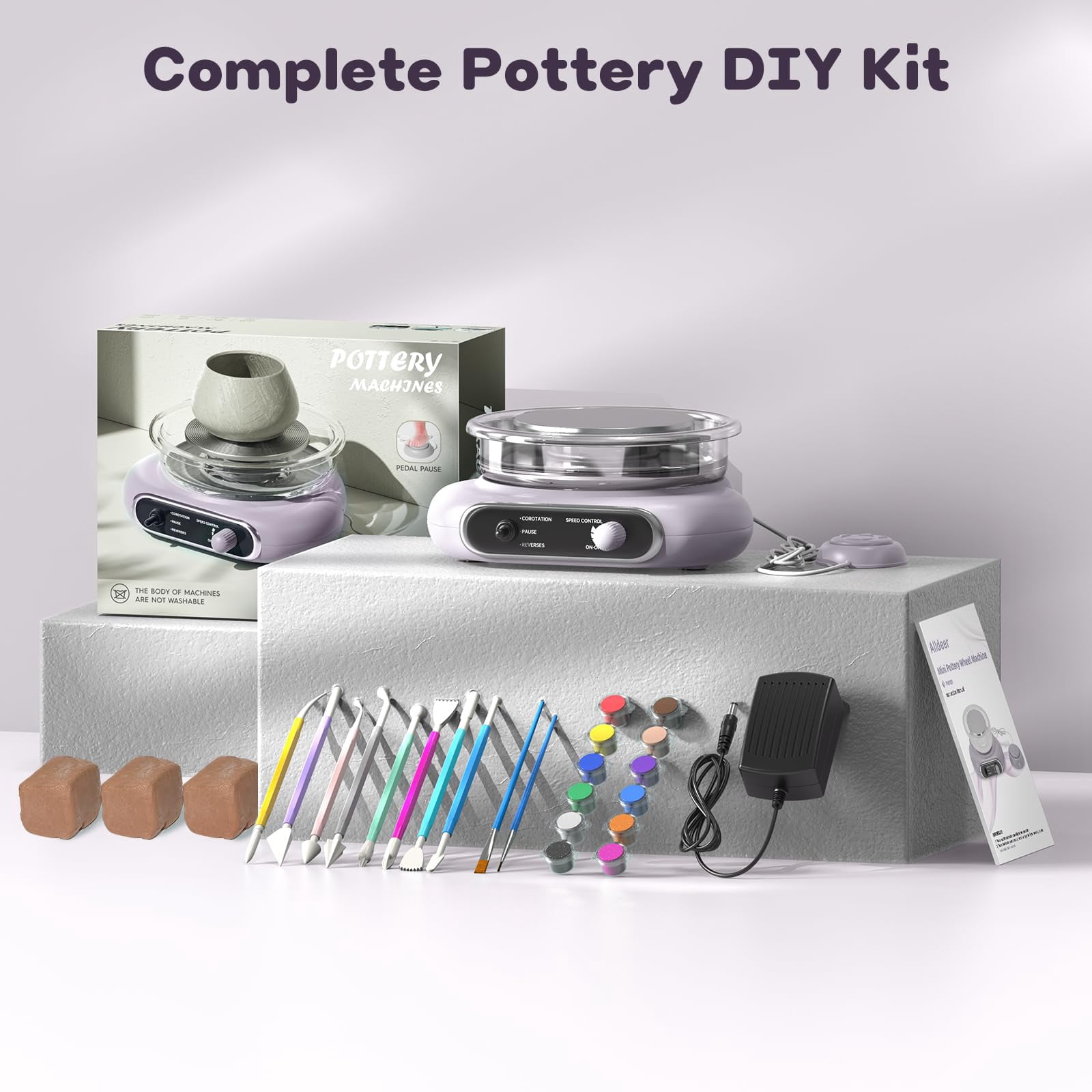 Mini Pottery Wheel Kit - 4.7" Turntable Electric Clay Wheel with Foot Pedal, Adjustable Speed Ceramic Making Machine with 8 Pottery Shaping Tools, Craft Kits for Kids