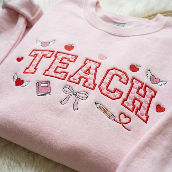 Valentine Teacher Embroidered Heart Sweatshirt, 100 Days Of School Teacher Embroidered Shirt, Elementary School Crewneck, Teacher Gift