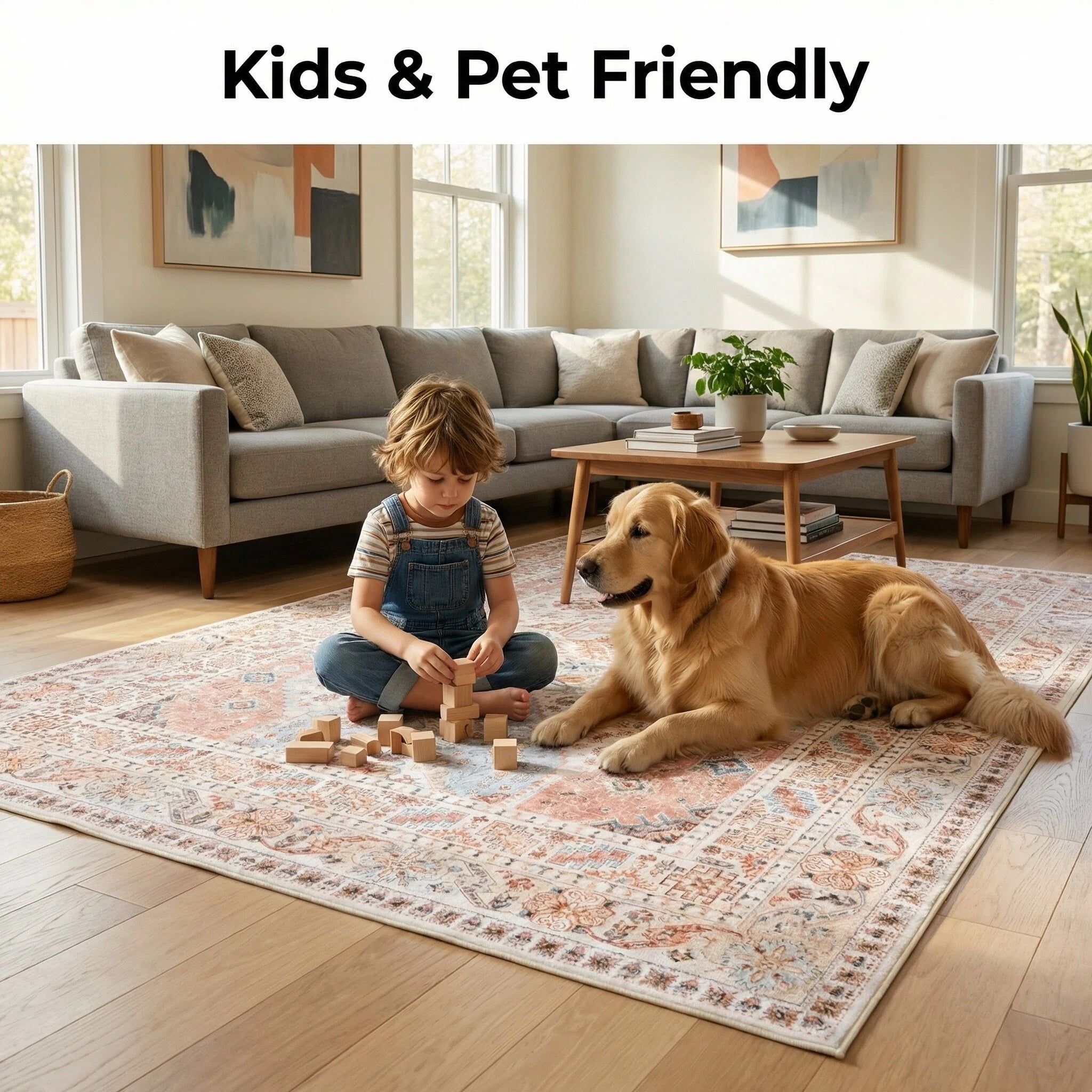 Wondiair 8x10 Cream Vintage Persian Area Rug, Machine Washable Non-Slip for Living Room, Bedroom & Dining Room