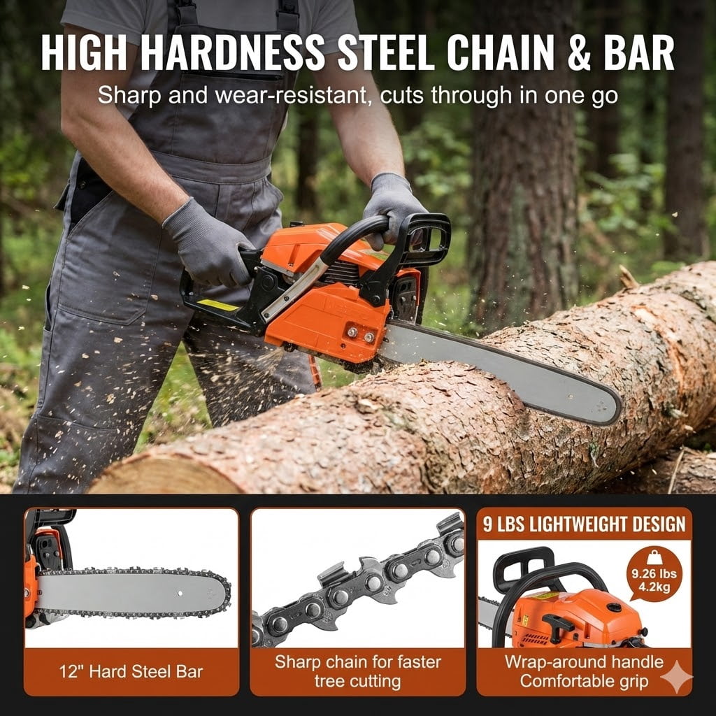 25.4CC 12" Gas Chainsaw, 1.2HP Gasoline Powered Handheld for Tree, Wood, Branch Cutting & Trimming, Land Clearing