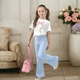 thumbnail image 2 of oqasdz Stylish Girls Casual Outfit with Bow Print and Flared Leg Pants 2 Piece for Kids and Toddler Comfy Daily Wear, 2 of 5